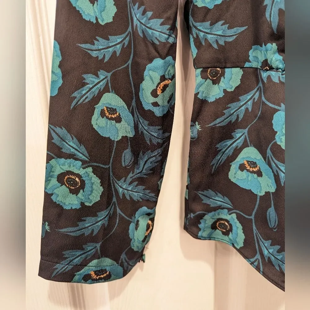 J. Crew Satin back crepe peplum button-front black green floral blouse shirt 2
